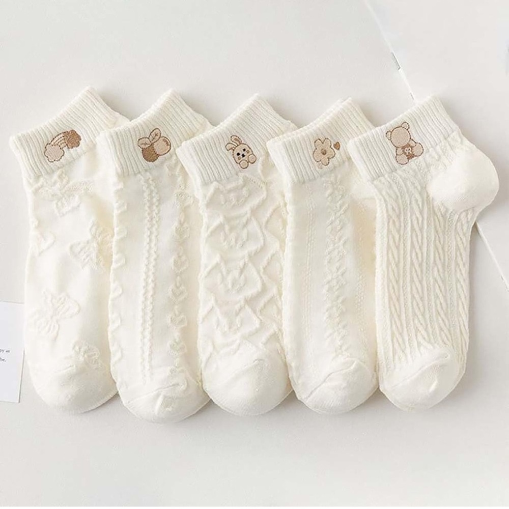 Cute Cream Knit Ankle Socks - Set of 5